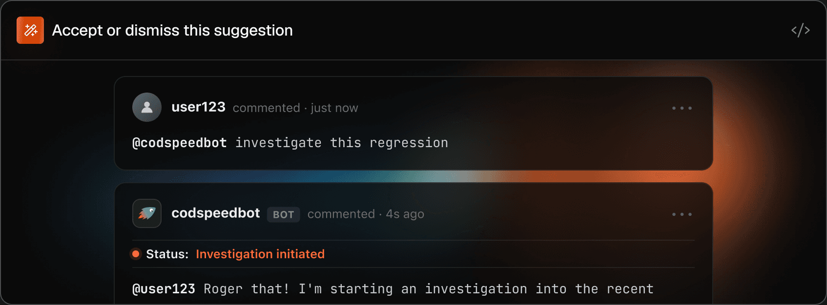 A pull request thread: a reviewer comments “@codspeedbot investigate this regression”, and codspeedbot replies that an investigation into the recent performance change has been initiated.