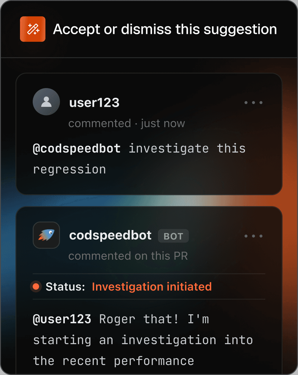A pull request thread: a reviewer comments “@codspeedbot investigate this regression”, and codspeedbot replies that an investigation into the recent performance change has been initiated.
